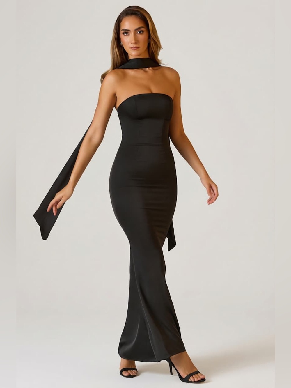 NWT Oh Polly Mandi Scarf-Detail Strapless Gown in Black Sz 8